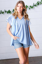 Sugarfox Blue Floral & Stripe V Neck Tie Double Flutter Sleeve Top