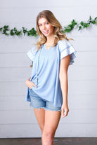Sugarfox Blue Floral & Stripe V Neck Tie Double Flutter Sleeve Top