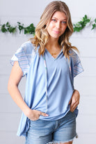Sugarfox Blue Floral & Stripe V Neck Tie Double Flutter Sleeve Top