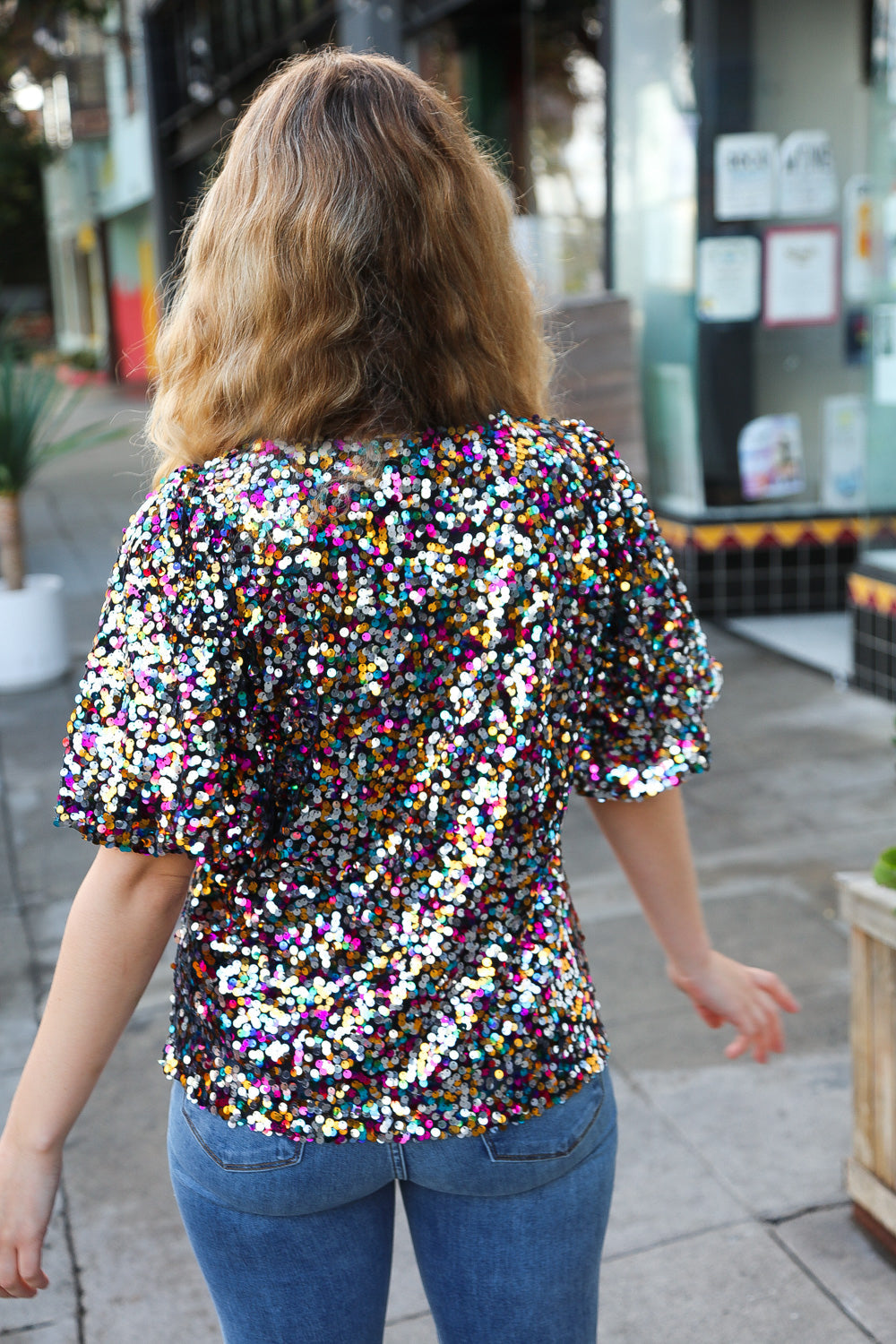 Haptics City Lights Black Multicolor Sequin Puff Sleeve Top Haptics