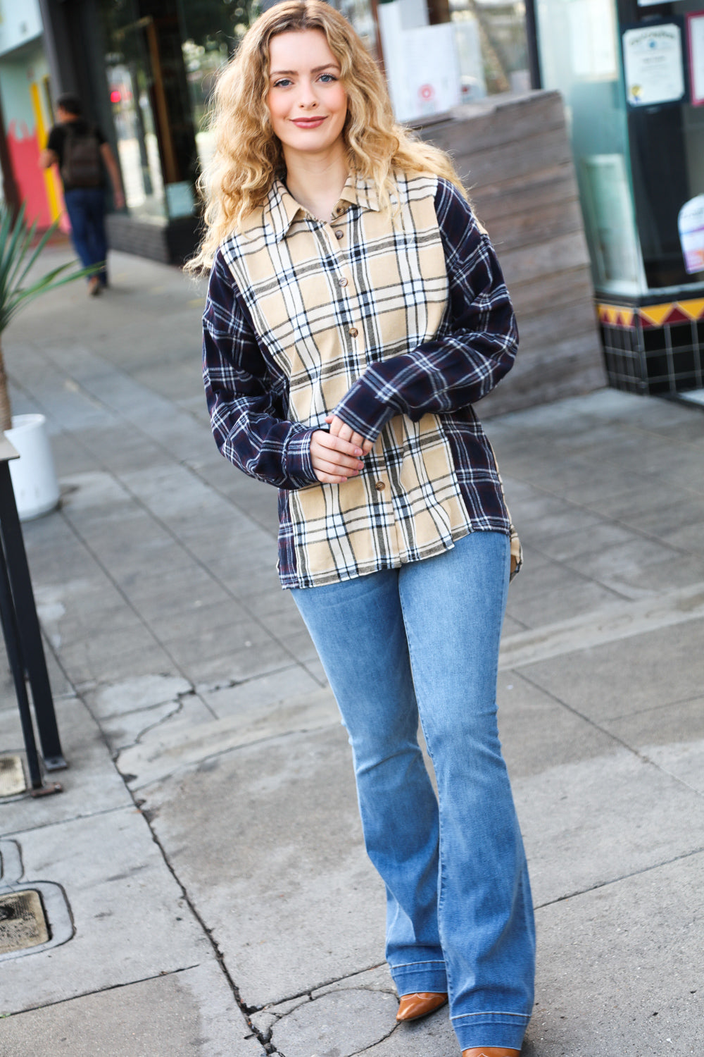 Haptics Navy & Beige Cotton Plaid Hi-Lo Shirt Top Haptics