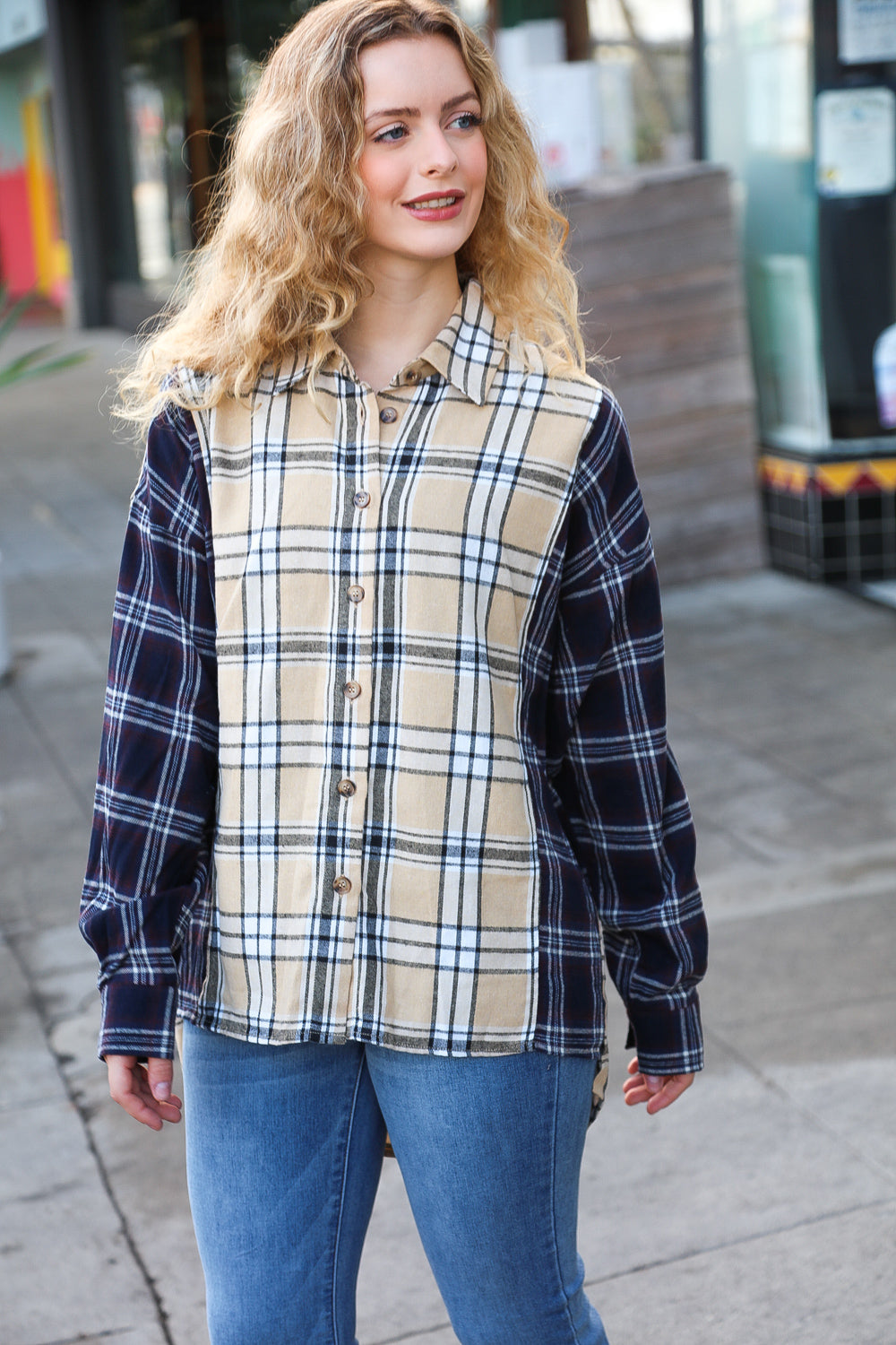 Haptics Navy & Beige Cotton Plaid Hi-Lo Shirt Top Haptics