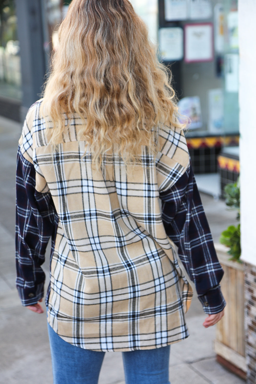 Haptics Navy & Beige Cotton Plaid Hi-Lo Shirt Top Haptics