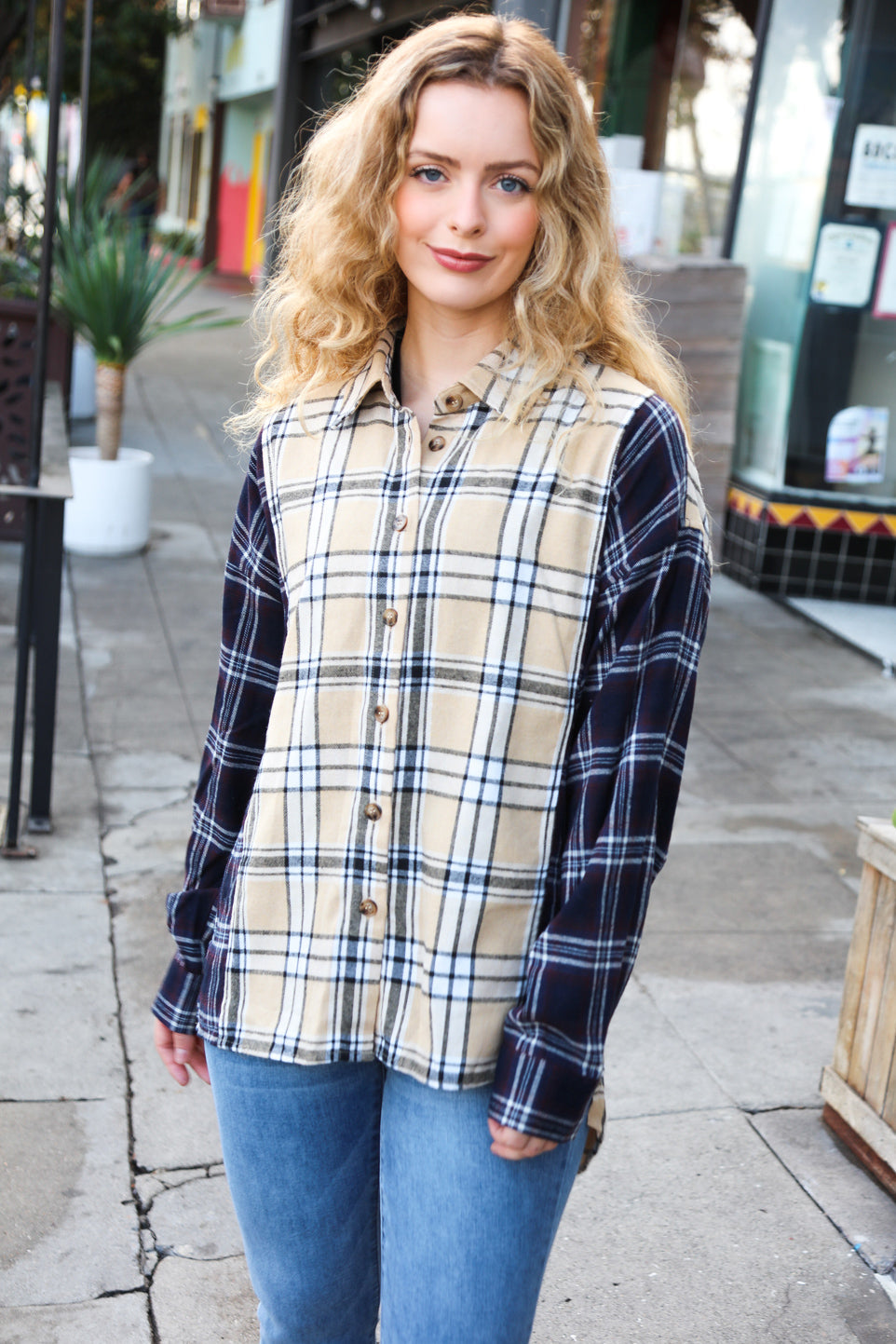 Haptics Navy & Beige Cotton Plaid Hi-Lo Shirt Top Haptics