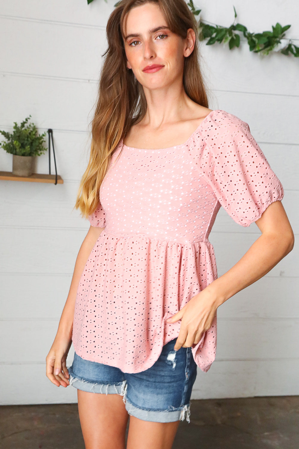 Haptics Mauve Eyelet Puff Sleeve Babydoll Top