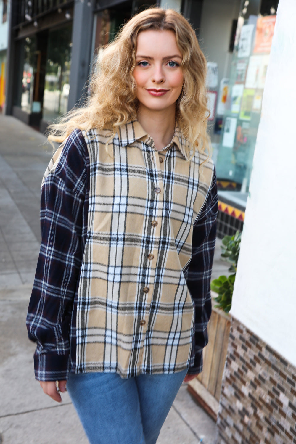 Haptics Navy & Beige Cotton Plaid Hi-Lo Shirt Top Haptics