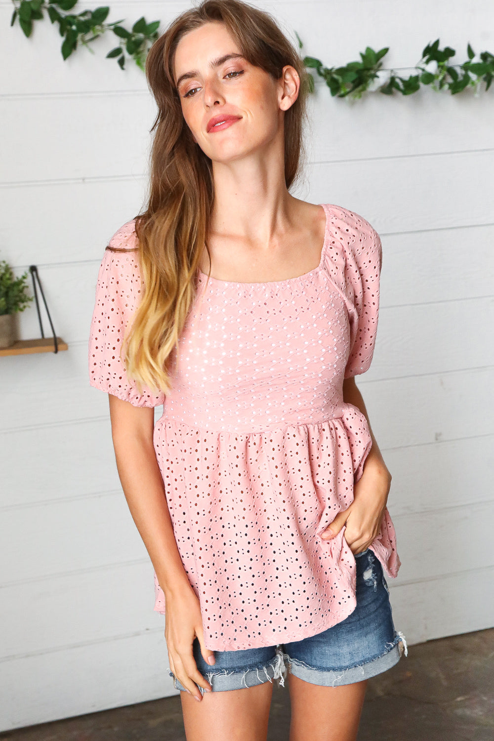 Haptics Mauve Eyelet Puff Sleeve Babydoll Top