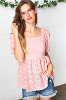 Haptics Mauve Eyelet Puff Sleeve Babydoll Top