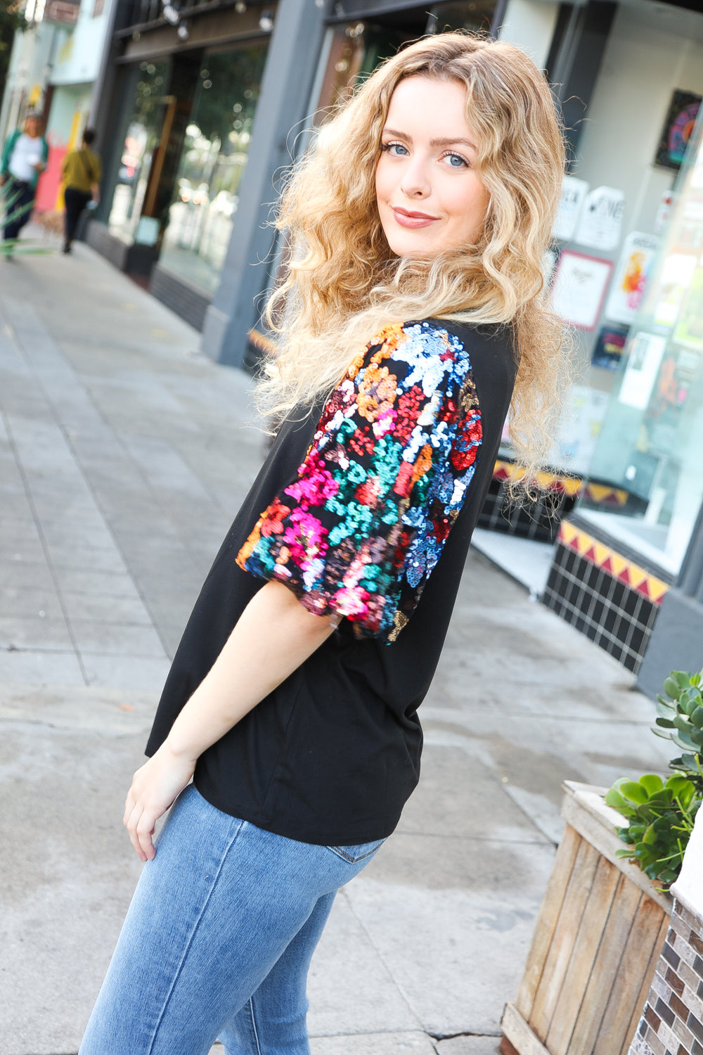 Haptics Glam Time Black Sequin Floral Puff Sleeve Top Bloom 2023 Winter Sale
