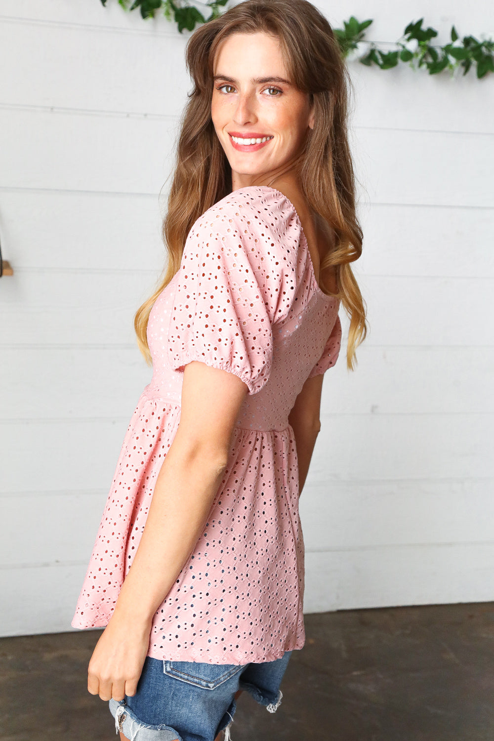 Haptics Mauve Eyelet Puff Sleeve Babydoll Top