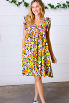 Haptics Indigo & Lemon Floral Babydoll Ruffle Dress Final Sale