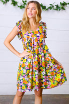 Haptics Indigo & Lemon Floral Babydoll Ruffle Dress Final Sale