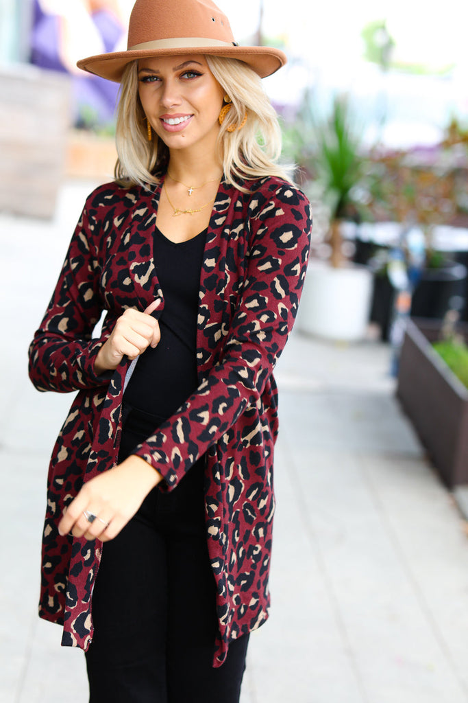 Red Lolly Weekend Envy Burgundy Animal Print Open Cardigan Red Lolly