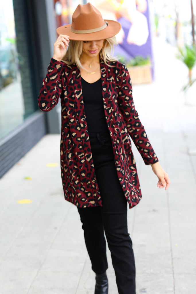 Red Lolly Weekend Envy Burgundy Animal Print Open Cardigan Red Lolly