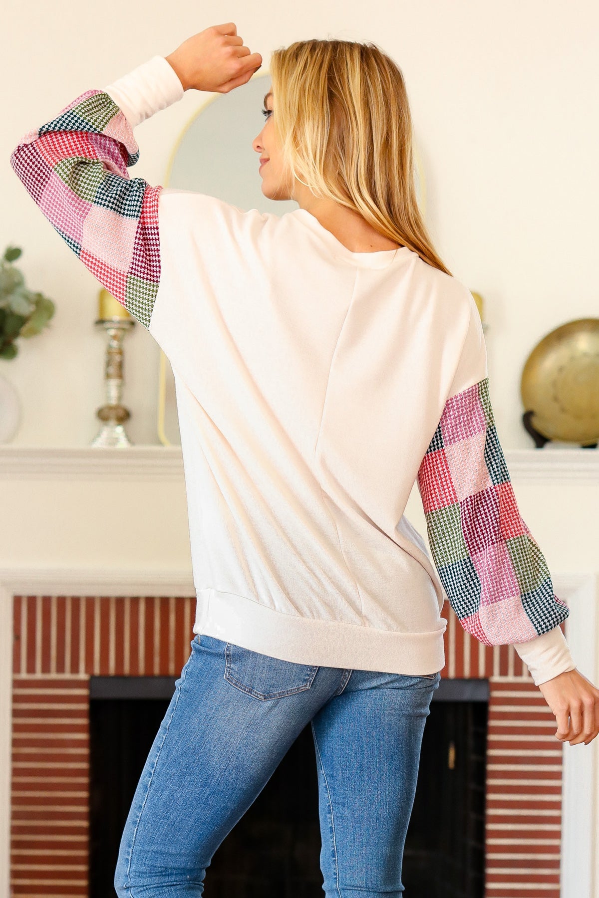 Haptics Stand Out Cream Checker Textured Knit Bubble Sleeve Top Haptics