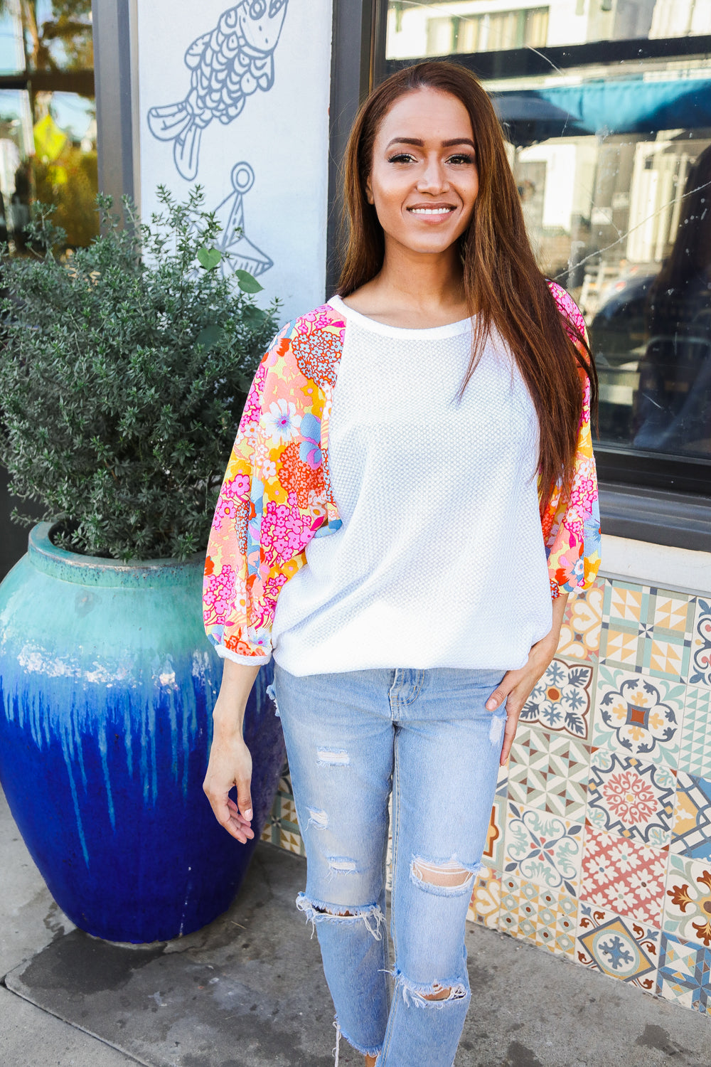 First Love Sunny Days Ivory Textured Floral Bubble Sleeves Dolman Top