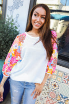 First Love Sunny Days Ivory Textured Floral Bubble Sleeves Dolman Top