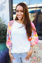 First Love Sunny Days Ivory Textured Floral Bubble Sleeves Dolman Top