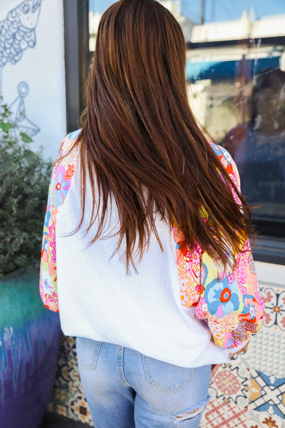 First Love Sunny Days Ivory Textured Floral Bubble Sleeves Dolman Top