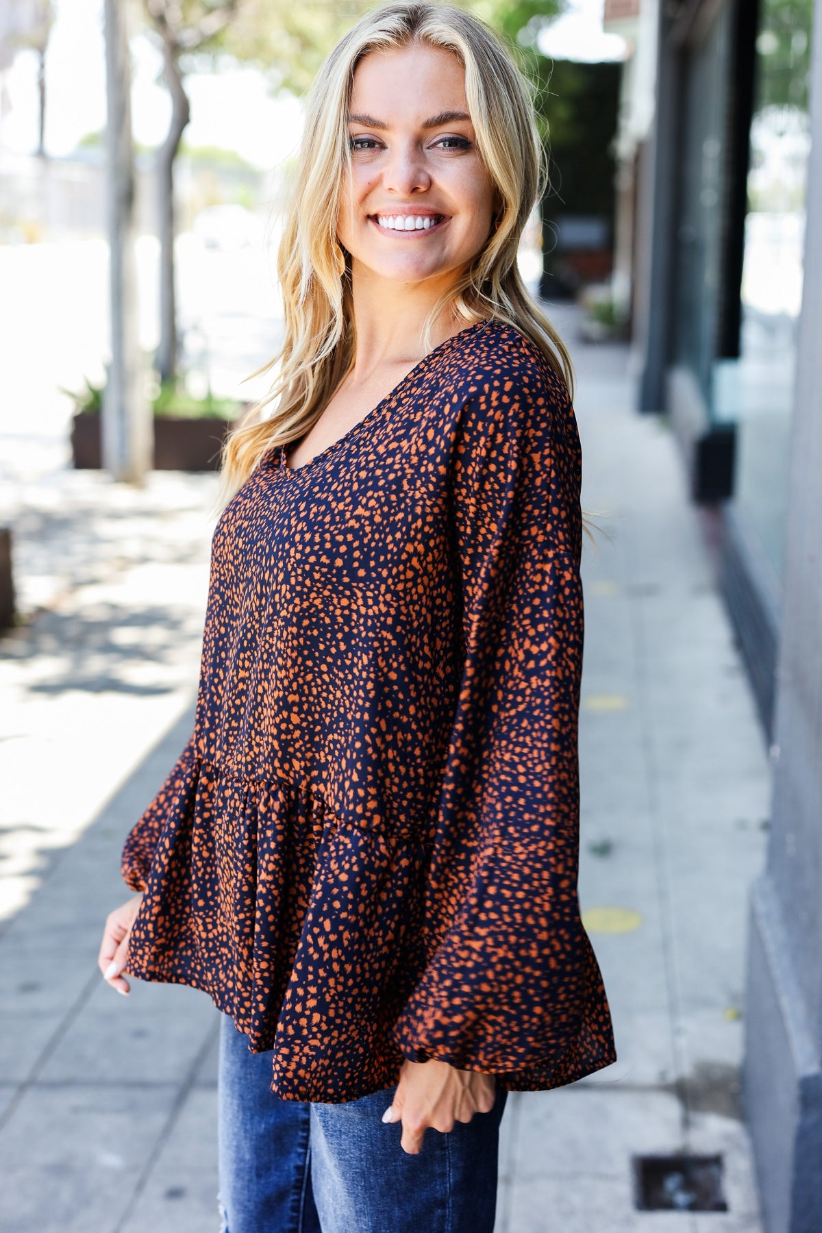 Haptics Navy & Rust Leopard Woven Babydoll Top Final Sale $6.55