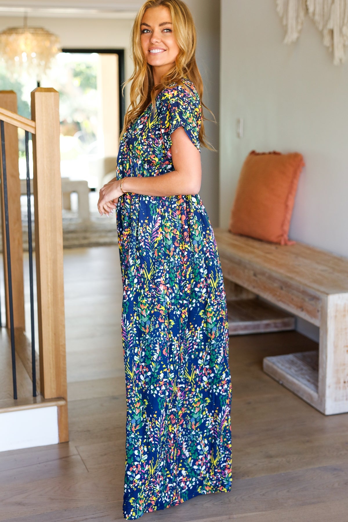 Beeson River Just Feels Right Navy Blue Floral V Neck Dolman Maxi Dress Beeson River