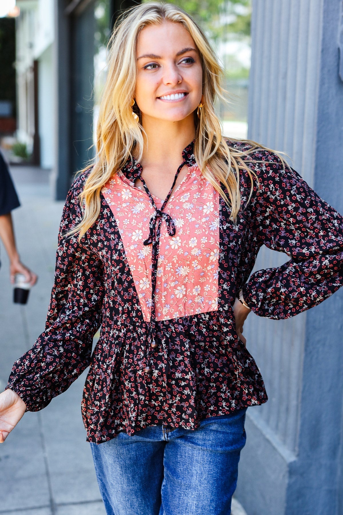 Sugarfox Black Floral Beaded Tie Peasant Woven Blouse