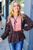 Sugarfox Black Floral Beaded Tie Peasant Woven Blouse