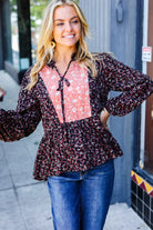 Sugarfox Black Floral Beaded Tie Peasant Woven Blouse