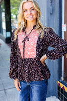 Sugarfox Black Floral Beaded Tie Peasant Woven Blouse