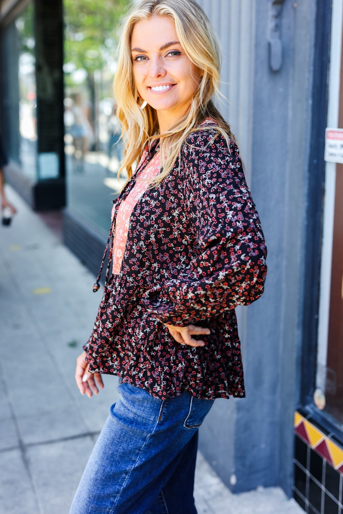 Sugarfox Black Floral Beaded Tie Peasant Woven Blouse
