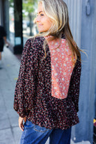 Sugarfox Black Floral Beaded Tie Peasant Woven Blouse