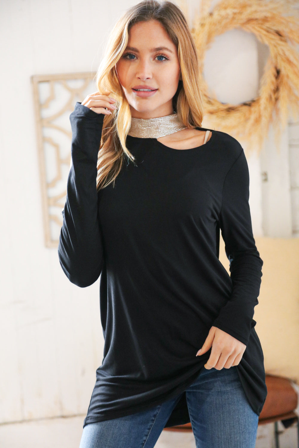 Haptics Shimmer Foil Neck Band Cold Shoulder Holiday Top Haptics