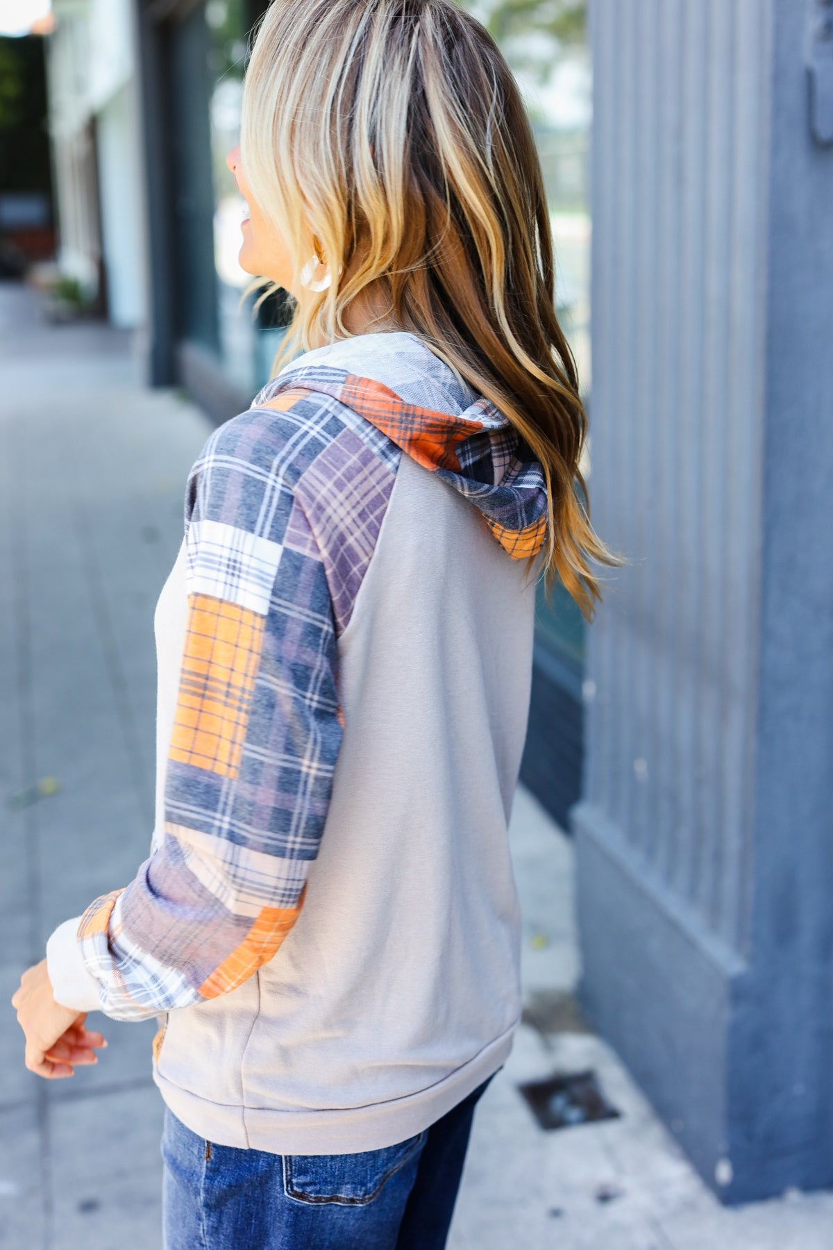 Haptics Orange & Taupe Plaid Terry Kangaroo Pocket Hoodie Haptics