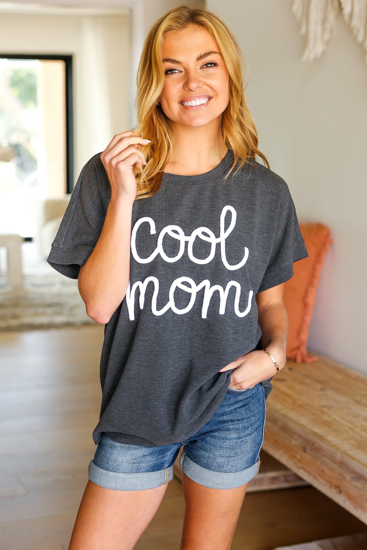 Haptics Take A Bow Charcoal "Cool Mom" Embroidery Pop-Up Rib Dolman Top Haptics