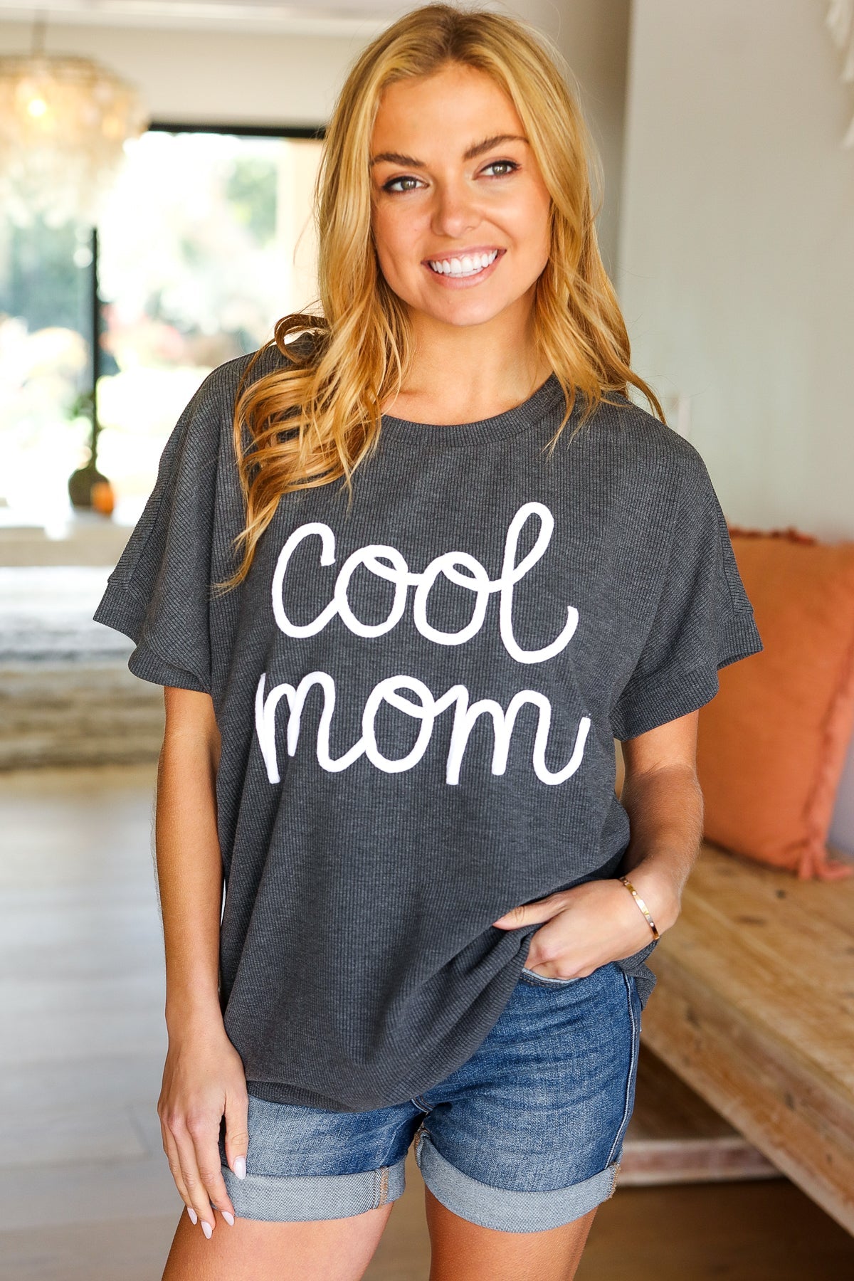 Haptics Take A Bow Charcoal "Cool Mom" Embroidery Pop-Up Rib Dolman Top Haptics