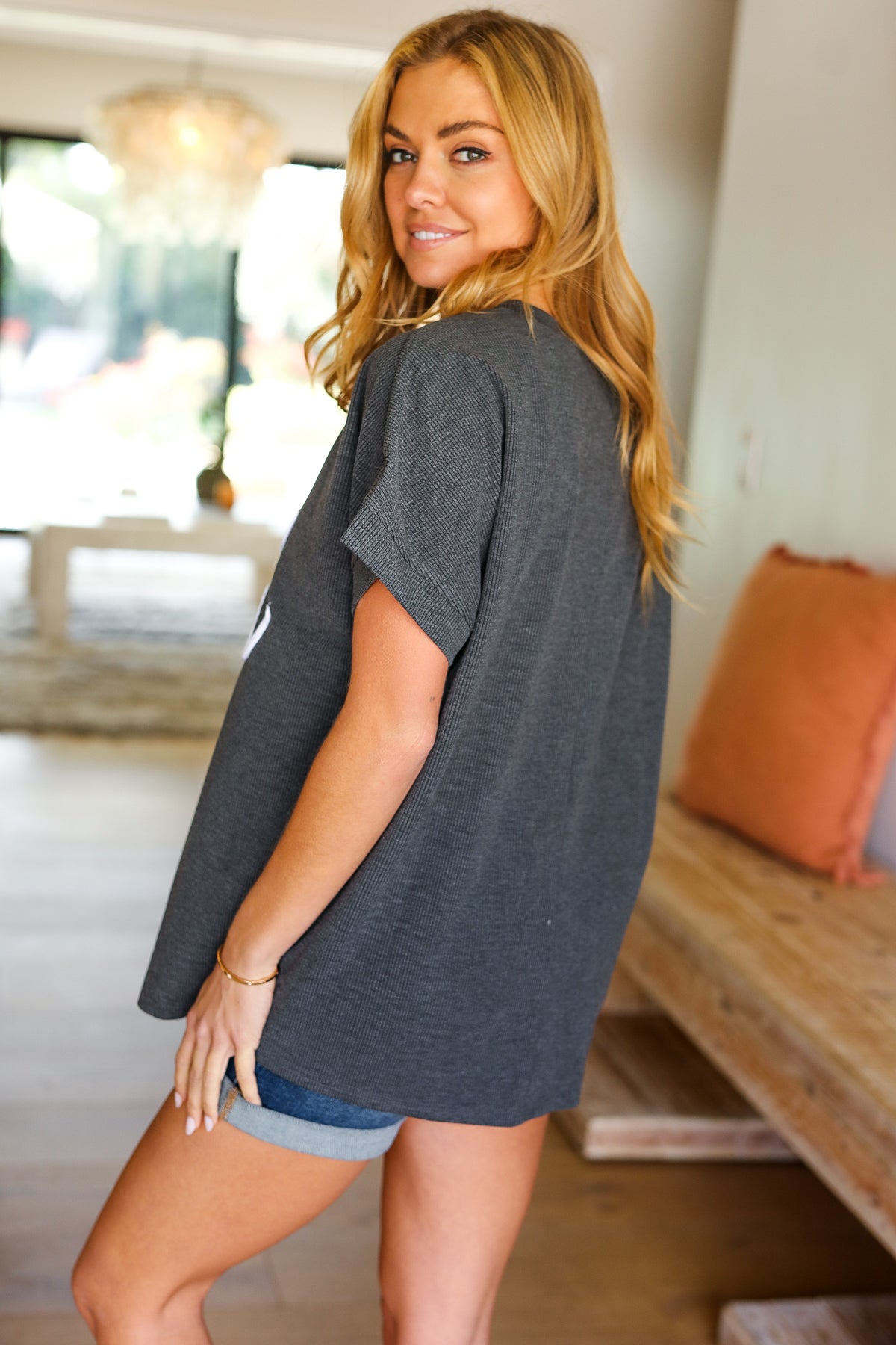 Haptics Take A Bow Charcoal "Cool Mom" Embroidery Pop-Up Rib Dolman Top Haptics