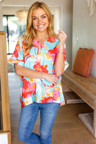 Haptics Aqua & Coral Floral V Neck Woven Top Haptics