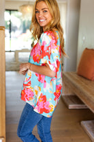 Haptics Aqua & Coral Floral V Neck Woven Top Haptics