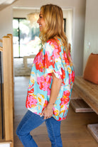 Haptics Aqua & Coral Floral V Neck Woven Top Haptics