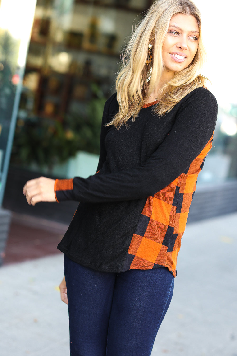 Haptics Black & Rust Plaid Hacci Knit Hoodie Haptics