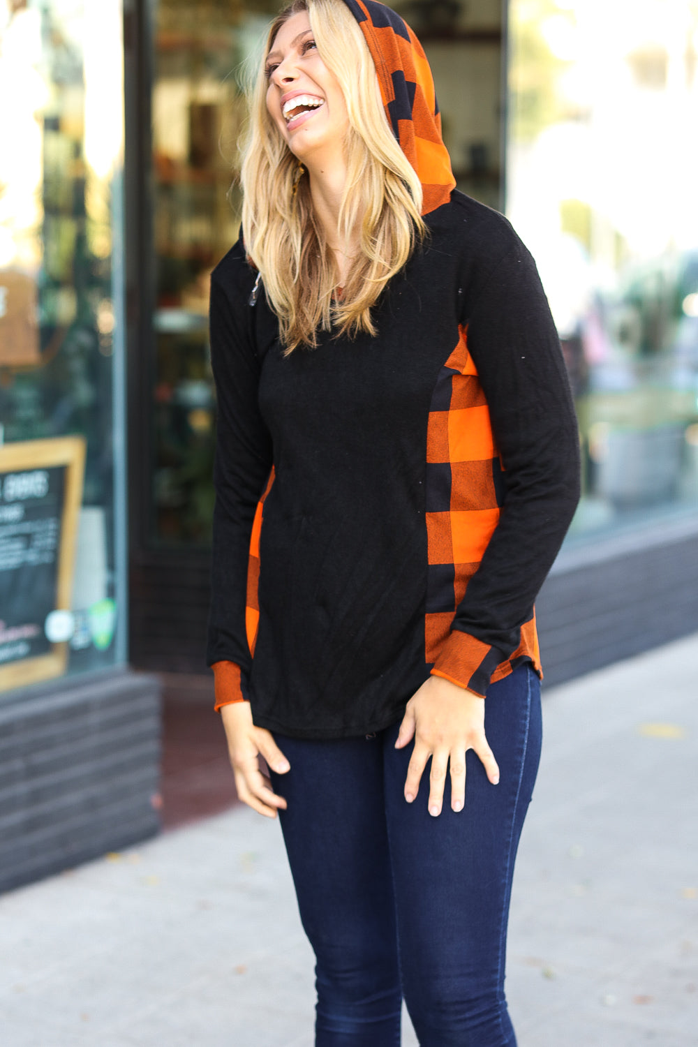 Haptics Black & Rust Plaid Hacci Knit Hoodie Haptics