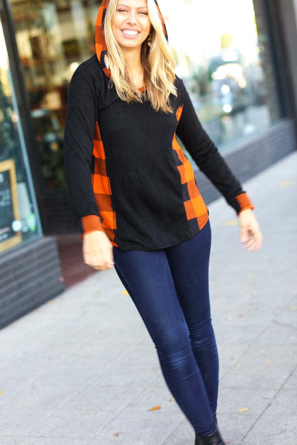 Haptics Black & Rust Plaid Hacci Knit Hoodie Haptics