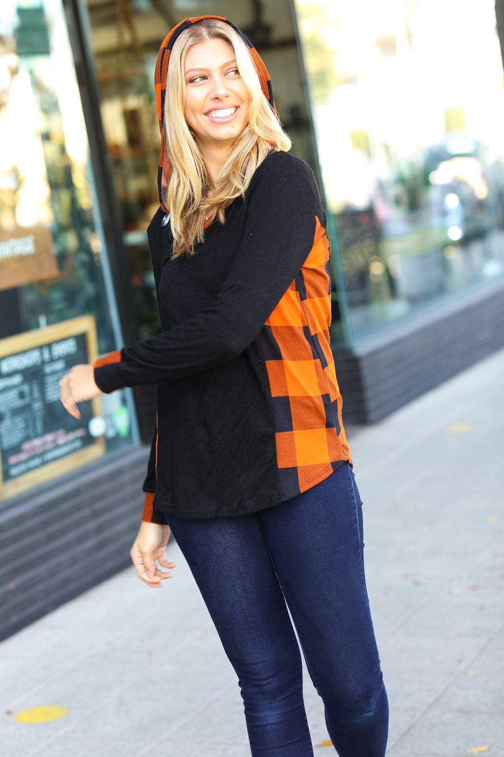 Haptics Black & Rust Plaid Hacci Knit Hoodie Haptics