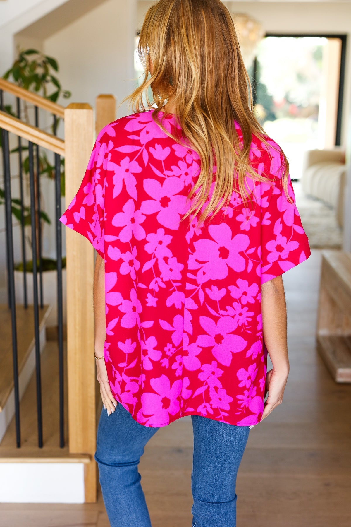 Haptics Tropical Trance Magenta Floral V Neck Woven Top Haptics