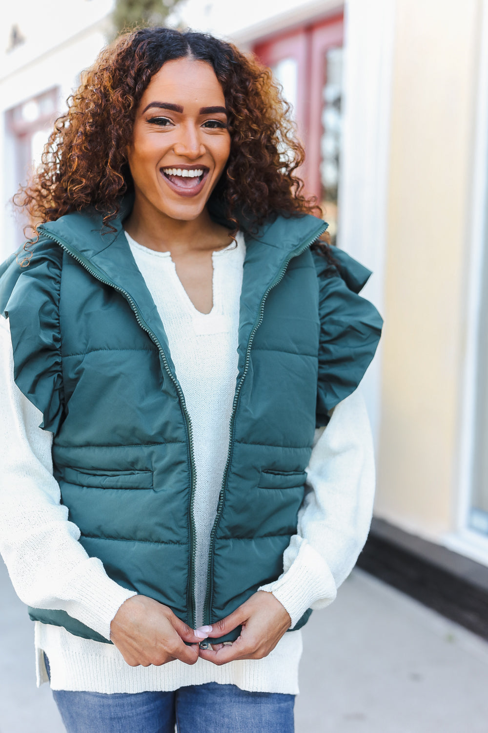 Haptics Feeling Festive Hunter Green Zipper Up Quilted Ruffle Sleeve Puffer Vest Shirts & Tops