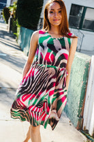 Haptics Ivory & Green Animal Stripe Bow Tie Korean Silk Dress