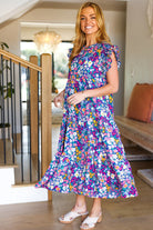 Haptics Just A Dream Navy Floral Smocked Ruffle Sleeve Maxi Dress