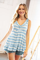 Sugarfox Blue Stripe V Neck Ruffle Hem French Terry Top Final Sale