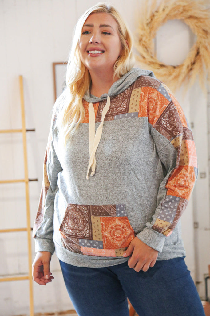 Final Sale Haptics Harvest Ethnic Patchwork Print Kangaroo Pocket Hoodie Haptics