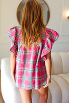 Haptics Fuchsia Plaid Shirred Yoke Flutter Sleeve Top Haptics